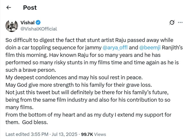 actor Vishal promises lifelong assistance to stuntman family