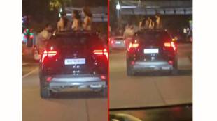 Three young women perform stunts from a moving vehicle