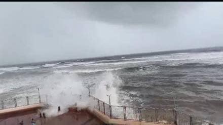 waves hit the steps of the Ganesh temple