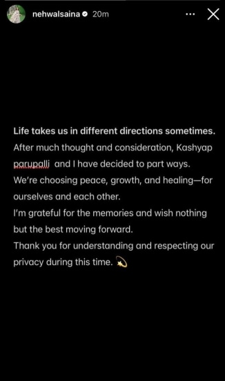 Saina Nehwal Instagram Story Announces Separation from Husband