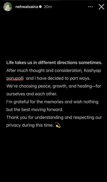 Saina Nehwal Instagram Story Announces Separation from Husband 