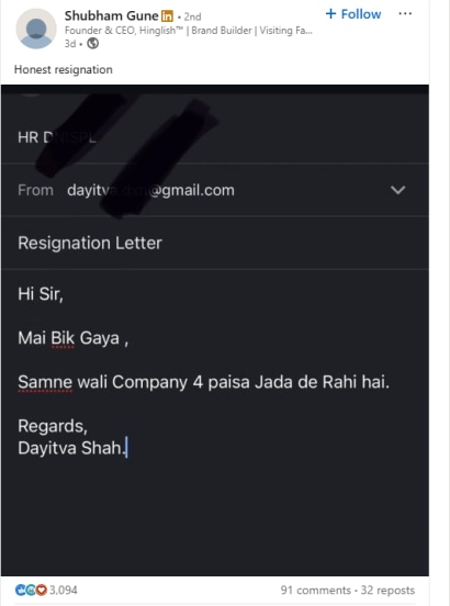 Brutally honest resignation email goes viral