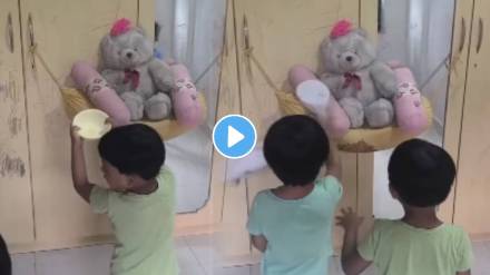 kids celebrating Ganeshotsav with a teddy bear idol