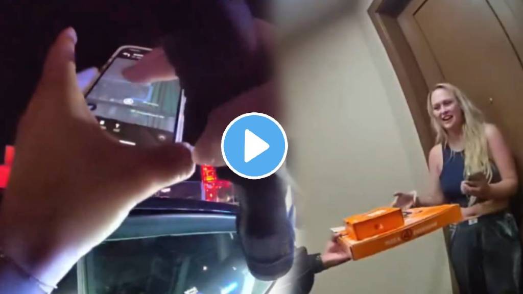 police officer deliver pizza to the customer