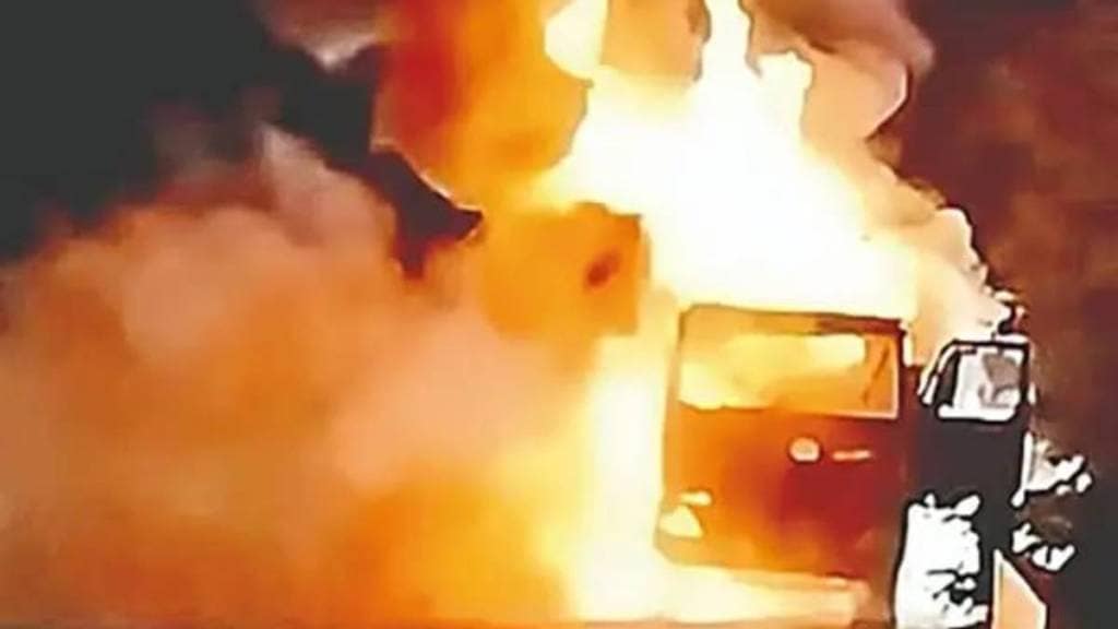 Tempo burnt in fire at Pingali Ghat