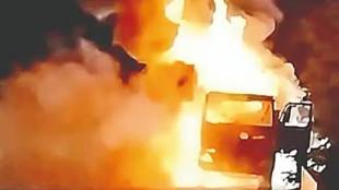 Tempo burnt in fire at Pingali Ghat