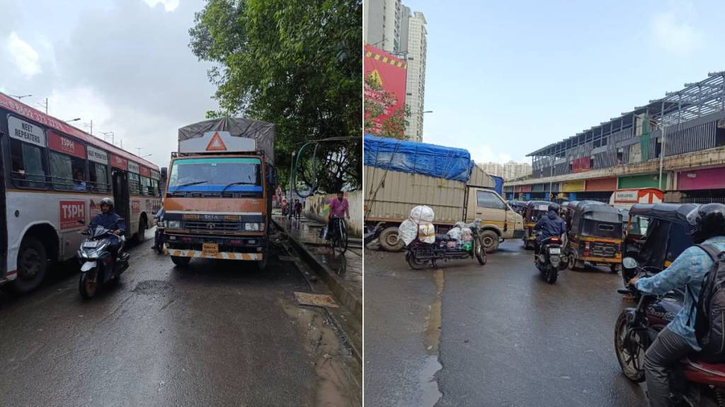 Heavy vehicles park at dahisar toll plaza