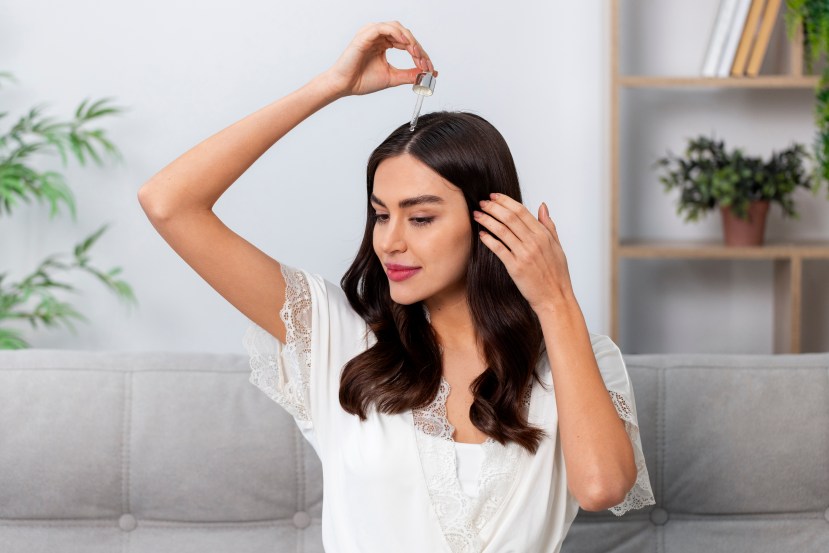 Woman hand holding her long hair with looking at damaged splitting ends of hair care problems