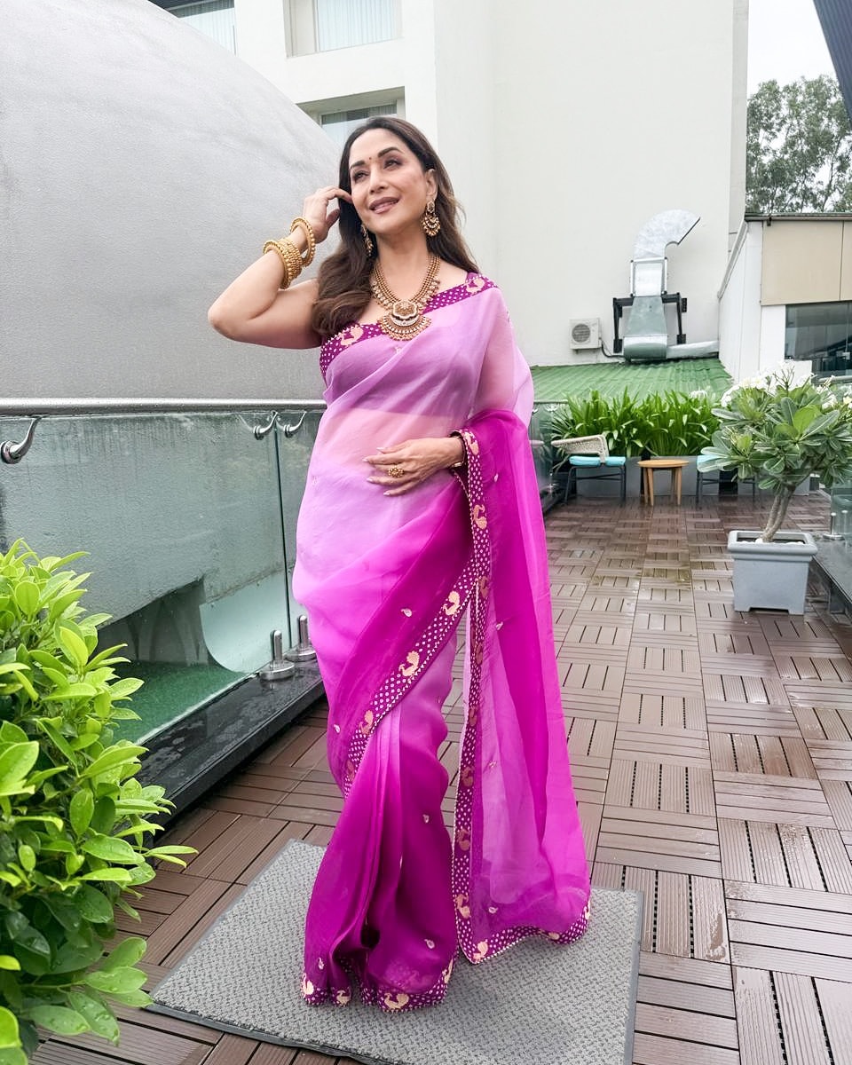  madhuri dixit purple Saree photoshoot 