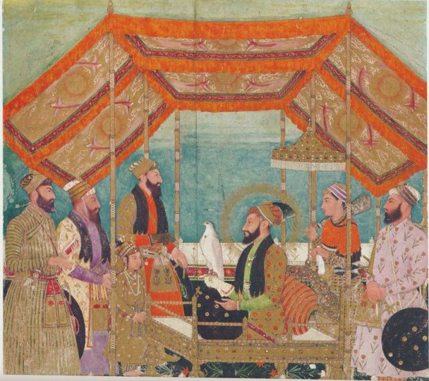 A durbar scene with the newly crowned Emperor Aurangzeb in his golden throne.