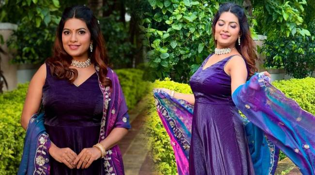 Dhanshri Kadgaonkar beautiful new look in purple dress