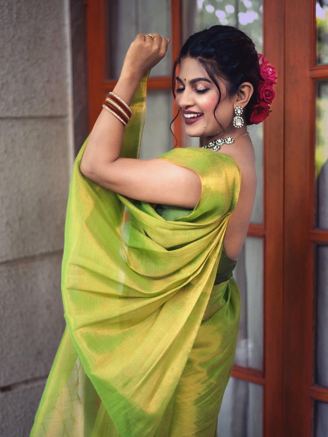 Dhanshri kadgaonkar green tissue silk saree traditional look photoshoot