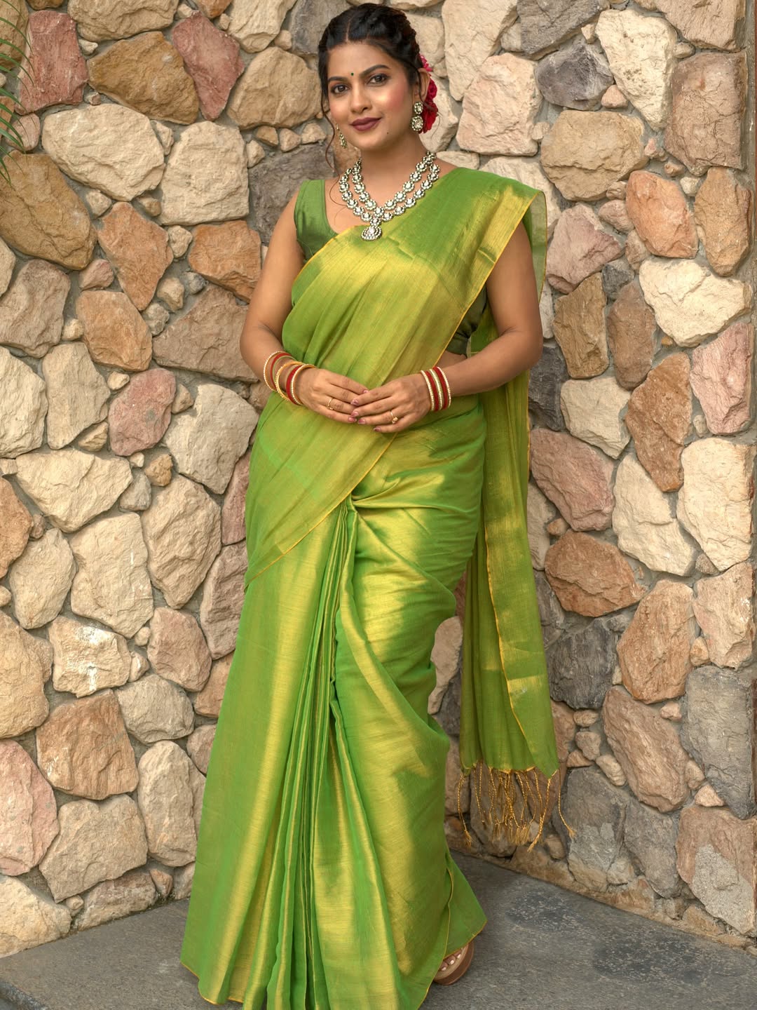 Dhanshri kadgaonkar green tissue silk saree traditional look photoshoot