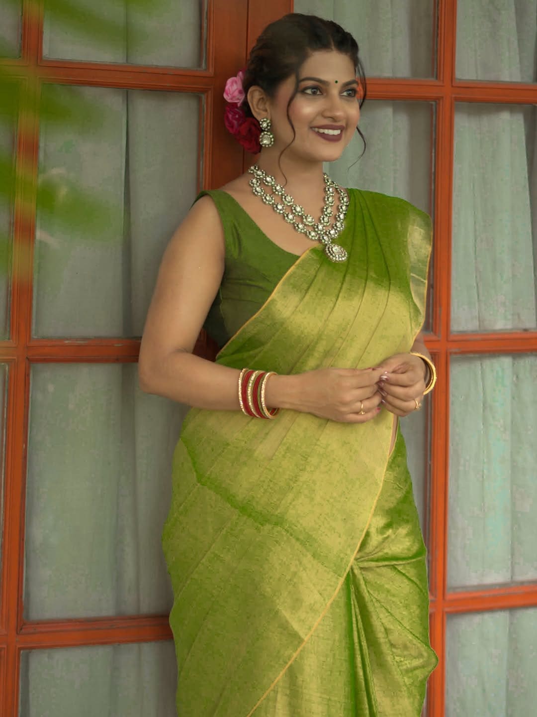 Dhanshri kadgaonkar green tissue silk saree traditional look photoshoot