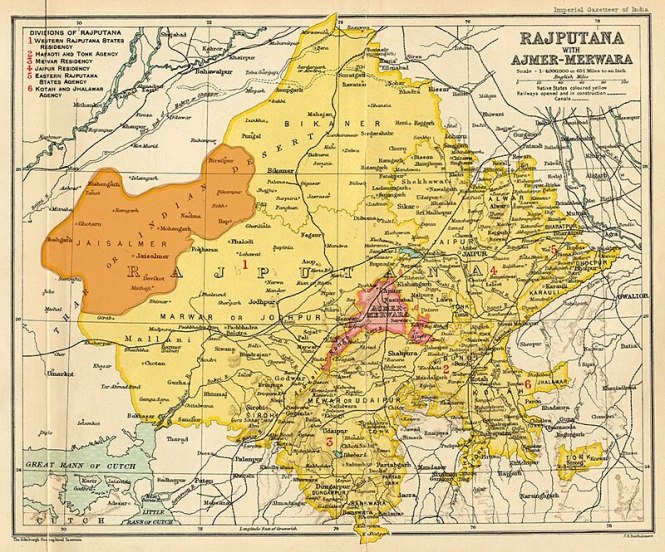Jailsalmer State (orange) within Rajputana (yellow), 1909.