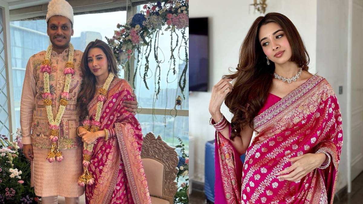 Tanishka Kulkarni Looks Graceful in Pink Banarasi Saree at Engagement with Yugendra Pawar