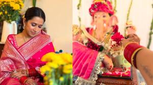 Photos : गुलाबी साडी, नाकात नथ; गणेशोत्सवासाठी श्रेया बुगडेचा खास पारंपरिक लूक