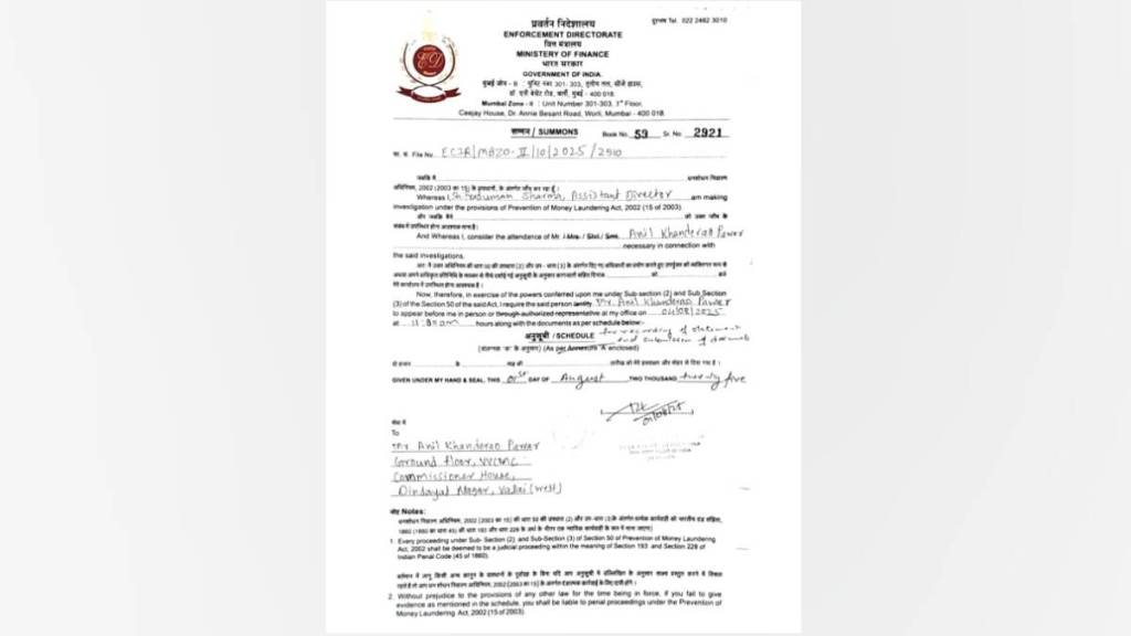 ed summons ex Virar Commissioner anil Pawar and his wife
