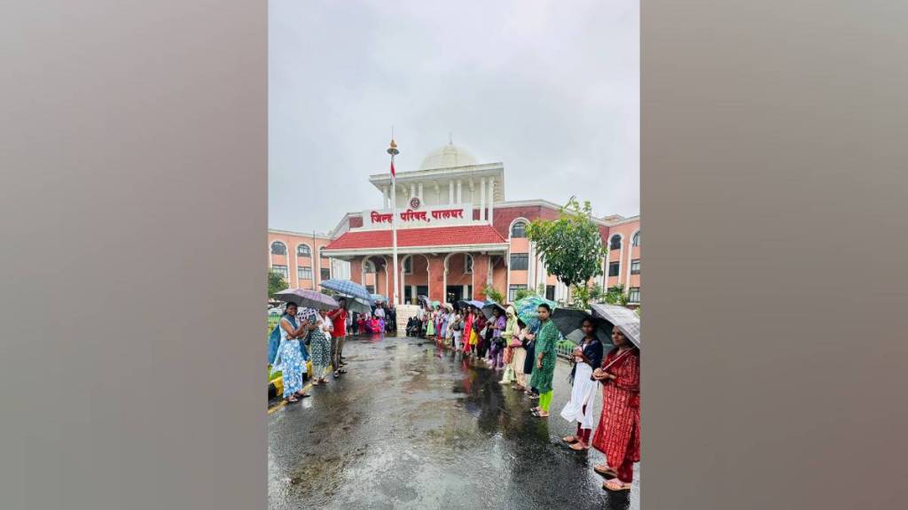Contractual national health mission workers protested at Palghar zilla Parishad on tuesday over demands