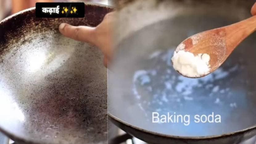 home remedy to clean burnt and blackened Kadai using baking soda