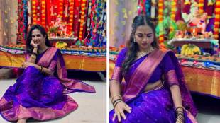 Popular Marathi actress amruta dhongade blue saree look for Ganeshotsav 2025