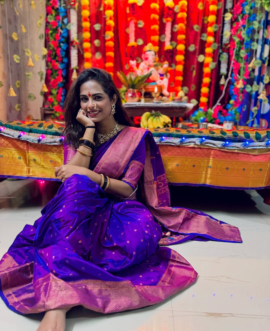 Popular Marathi actress amruta dhongade blue saree look for Ganeshotsav 2025