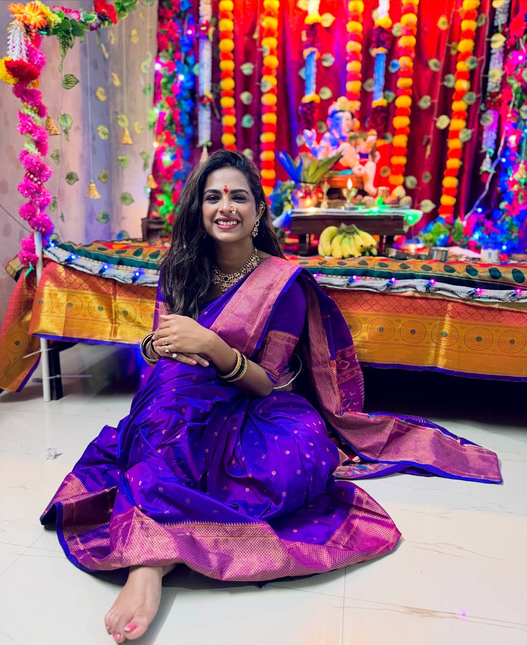 Popular Marathi actress amruta dhongade blue saree look for Ganeshotsav 2025