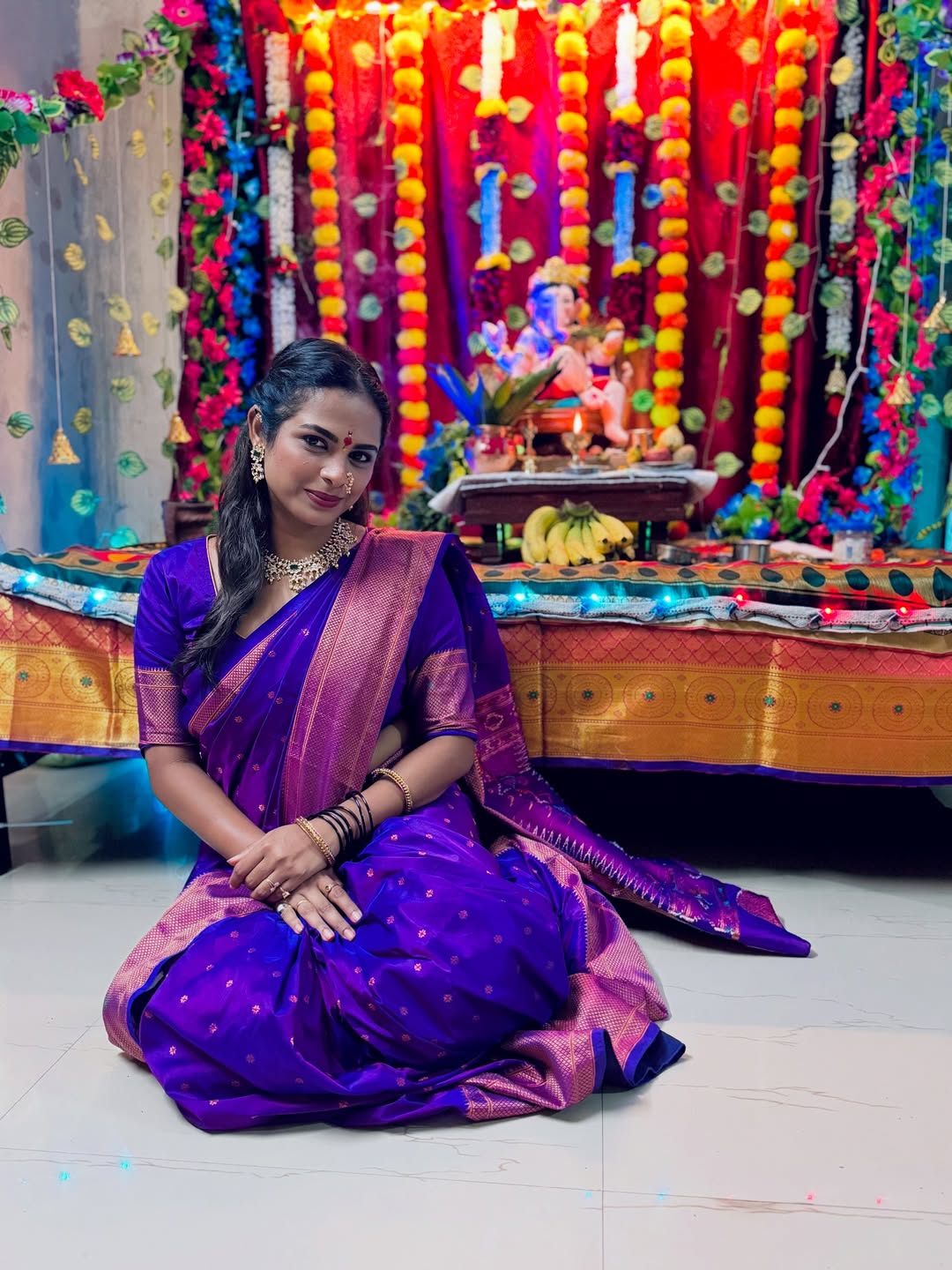 Popular Marathi actress amruta dhongade blue saree look for Ganeshotsav 2025