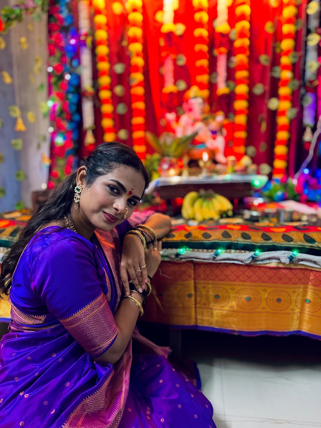 Popular Marathi actress amruta dhongade blue saree look for Ganeshotsav 2025
