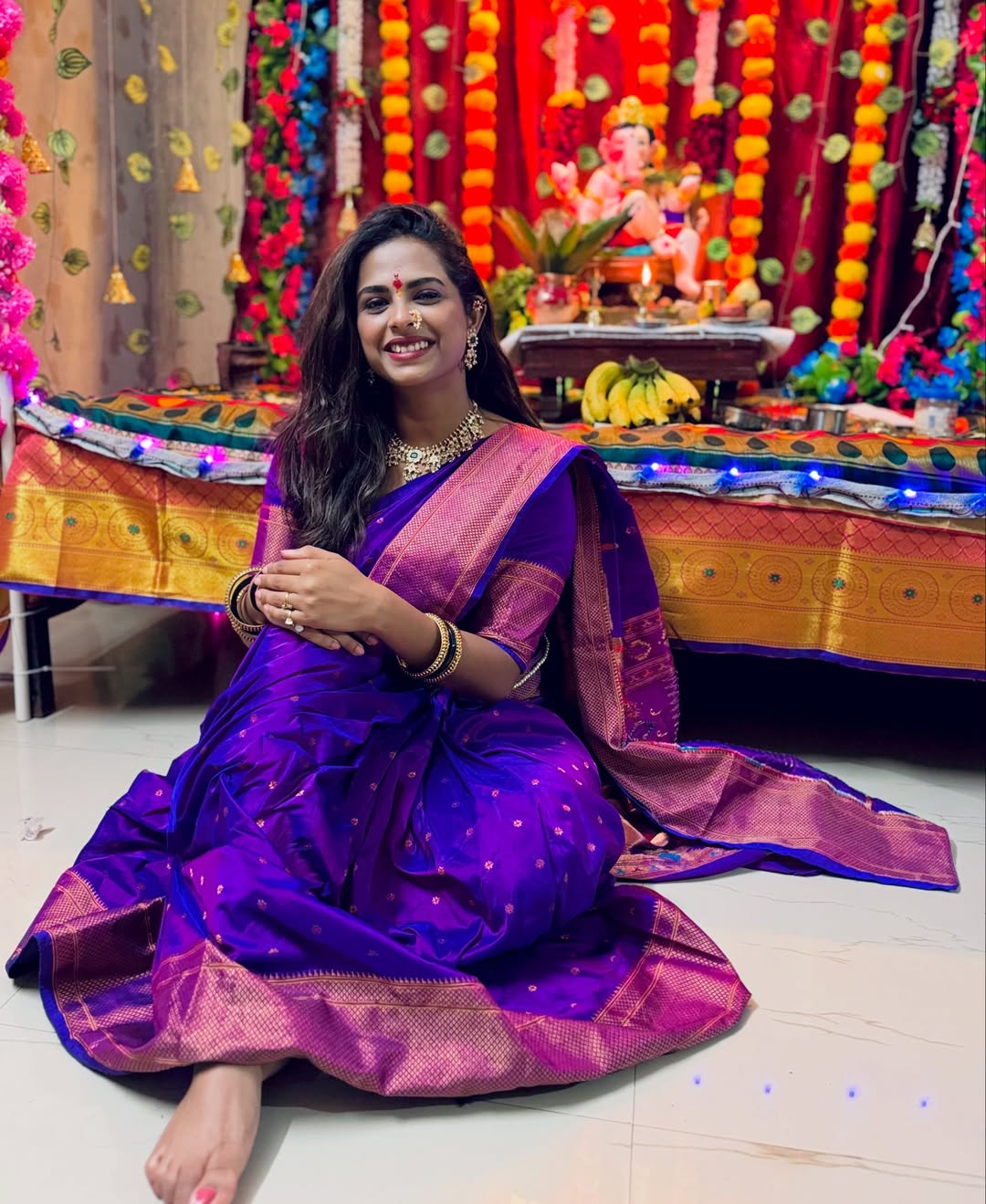 Popular Marathi actress amruta dhongade blue saree look for Ganeshotsav 2025