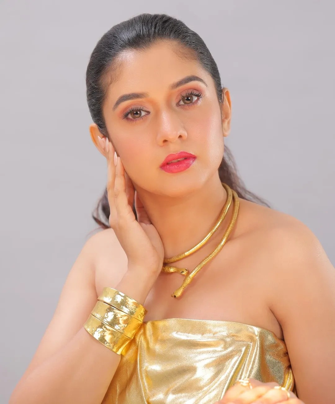 Vaishnavi Kalyankar Gaikwad Golden Off-Shoulder Dress