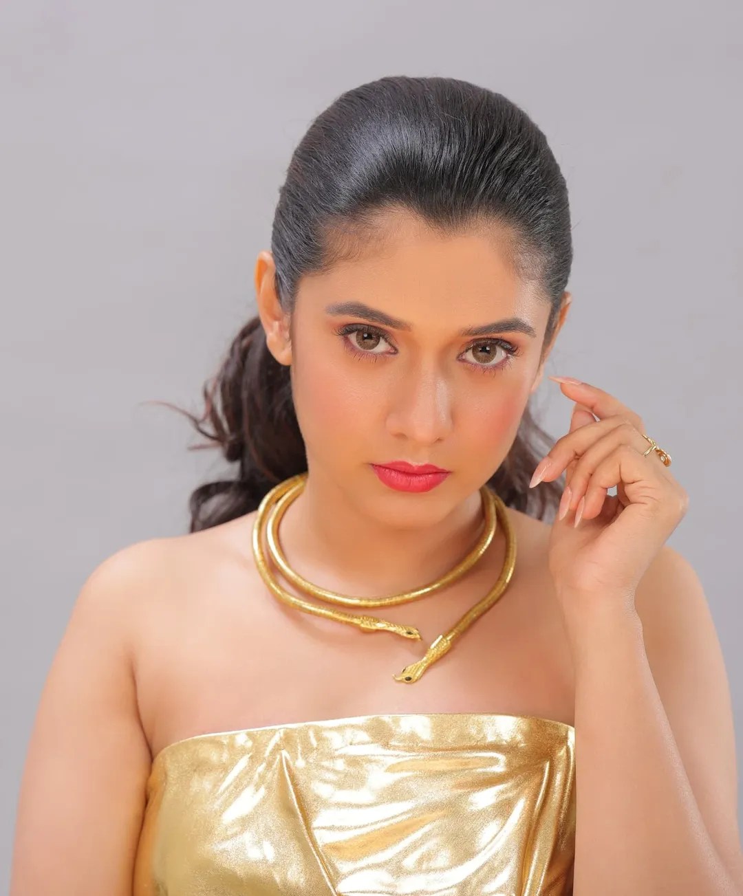 Vaishnavi Kalyankar Gaikwad Golden Off-Shoulder Dress