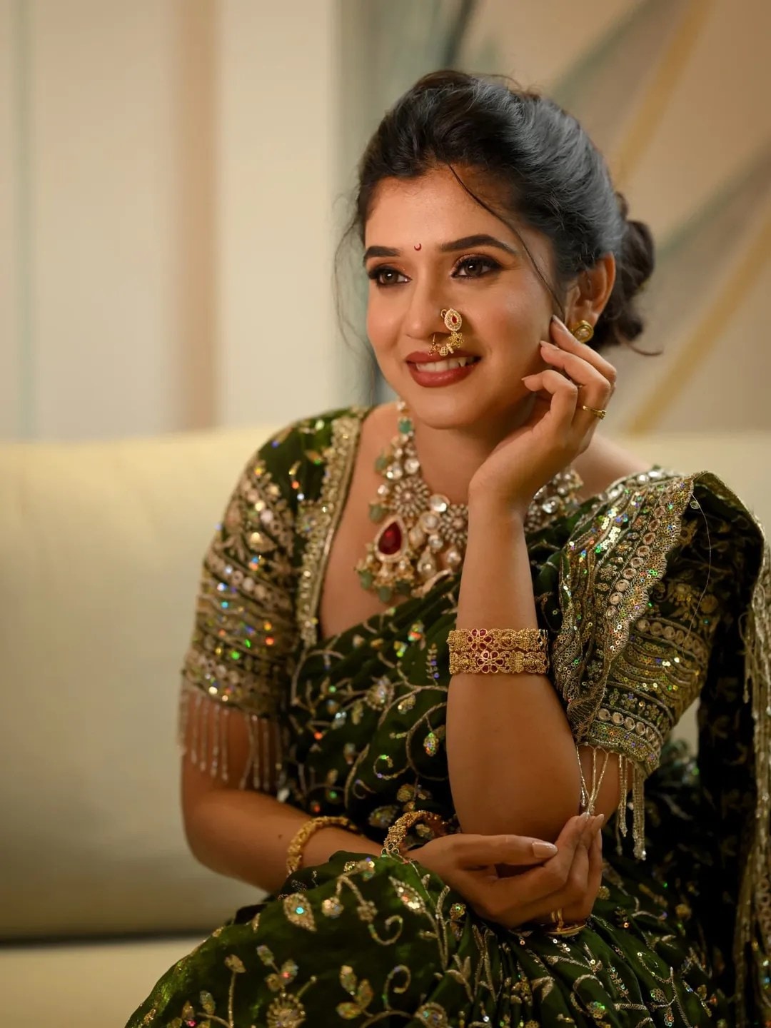 Vaishnavi Kalyankar Gaikwad Golden Off-Shoulder Dress
