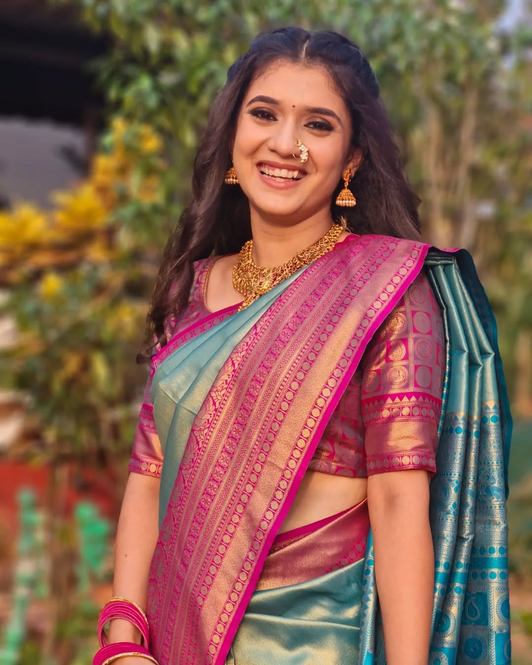 Vaishnavi Kalyankar Gaikwad Golden Off-Shoulder Dress