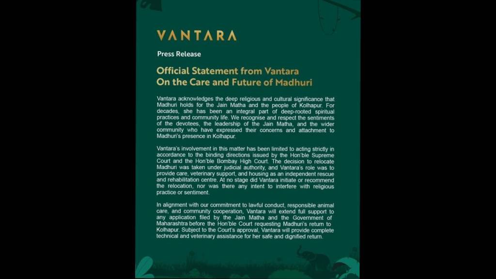 Vantara apologizes over madhuri elephant