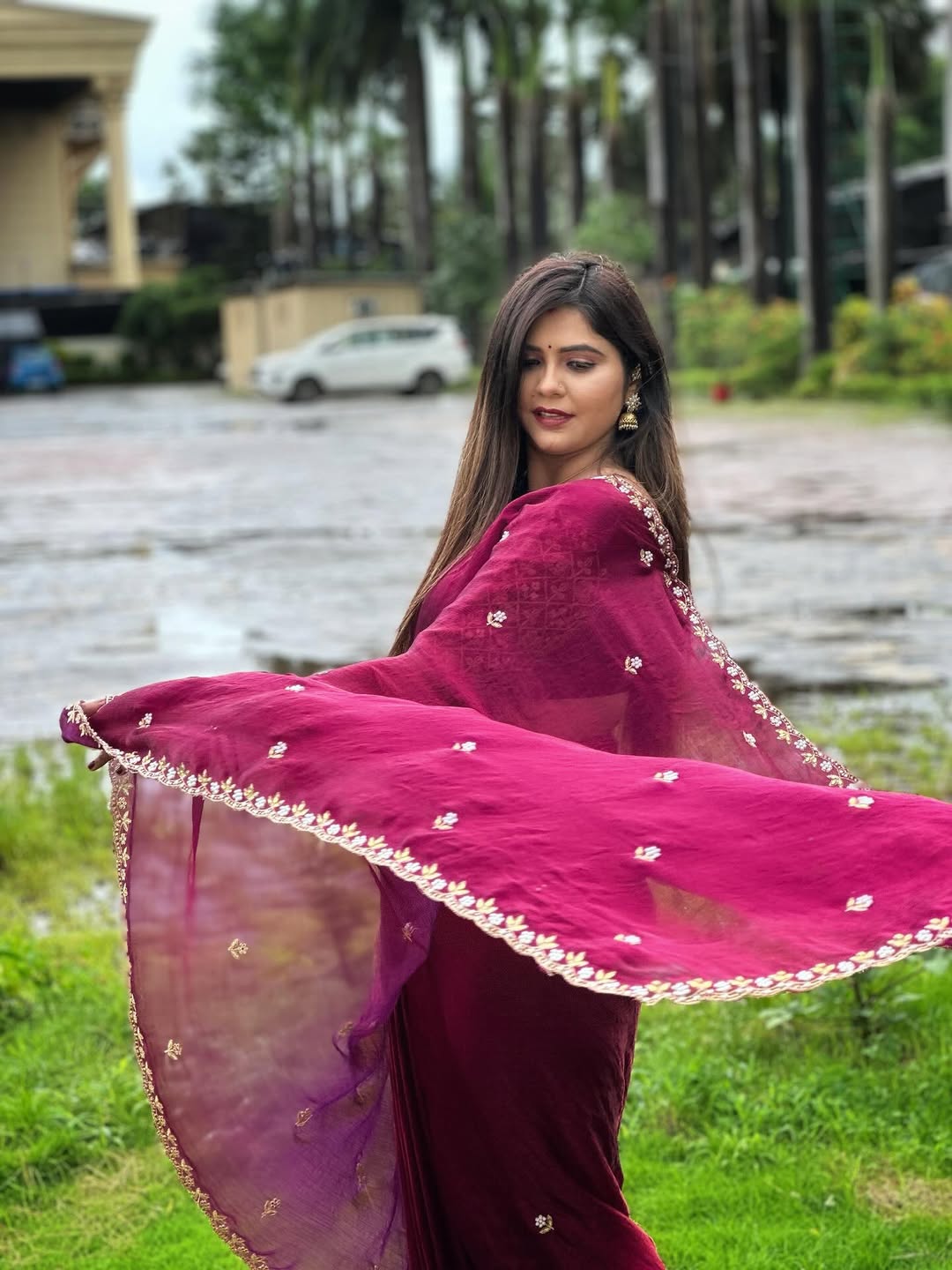 Veena jagtap Pink Color Chiffon saree look