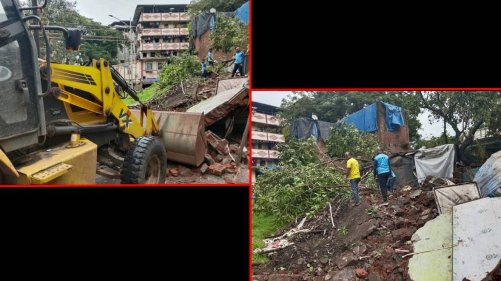 The debris of a collapsed building being removed in Dombivli