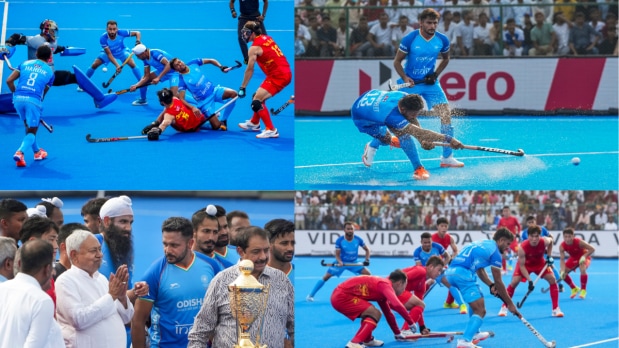 Hockey Asia Cup 2025 : बिहारमधील राजगीर हॉकी स्टेडियमवर शुक्रवारी (२९ ऑगस्ट) संध्याकाळी खेळवण्यात आलेल्या हॉकी आशिया चषक २०२५ च्या पहिल्या सामन्यात भारतीय पुरुष हॉकी संघाने चीनचा ४-३ असा पराभव केला. भारतीय कर्णधार हरमनप्रीत सिंगने या चुरशीच्या स्पर्धेत एक सनसनाटी हॅटट्रिक केली. हॉकी आशिया चषक २०२५ ही स्पर्धा २९ ऑगस्ट ते ७ सप्टेंबर २०२५ दरम्यान बिहारमधील राजगीर येथे खेळवली जात आहे. ही या स्पर्धेची १२ वी आवृत्ती आहे आणि २०२६ च्या एफआयएच (फेडरेशन इंटरनॅशनल डी हॉकी) हॉकी विश्वचषकासाठी पात्रता फेरी म्हणून देखील महत्त्वाची आहे. (Photo Source: PTI)