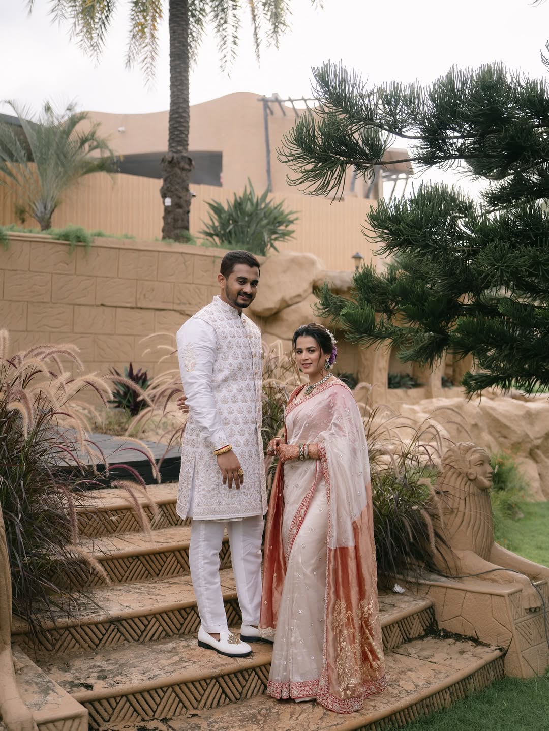 prajakta gaikwad royal engagement photos actress designer blouse with husband
