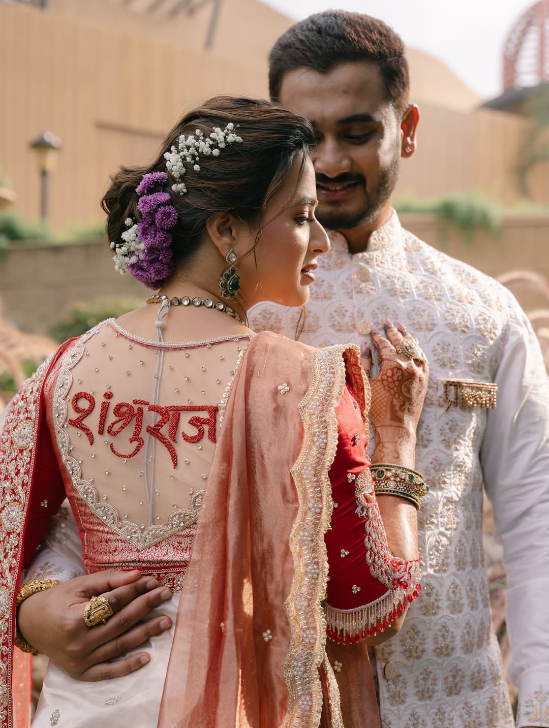 prajakta gaikwad royal engagement photos actress designer blouse with husband