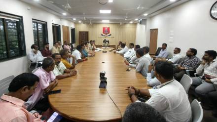 Deputy Regional Transport Officer Rajvardhan Karpe along with other officers and transporters during the meeting.