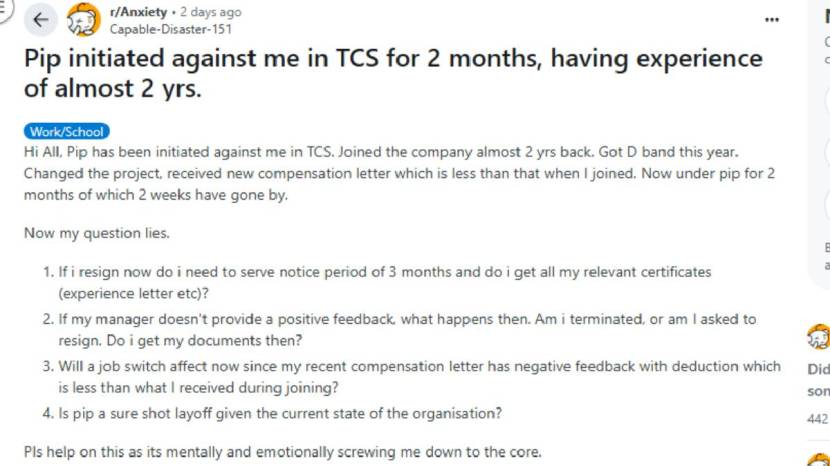 tcs employee pip post on reddit