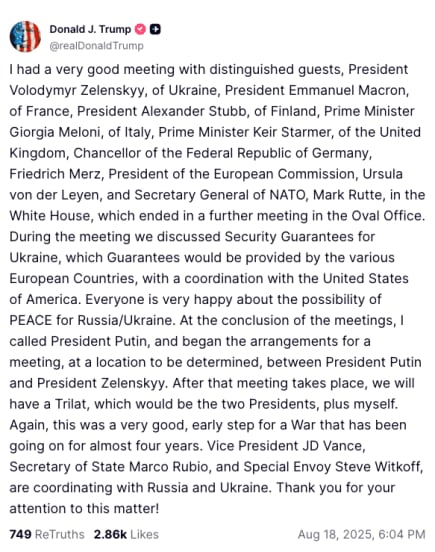 trump post for putin zelensky meeting
