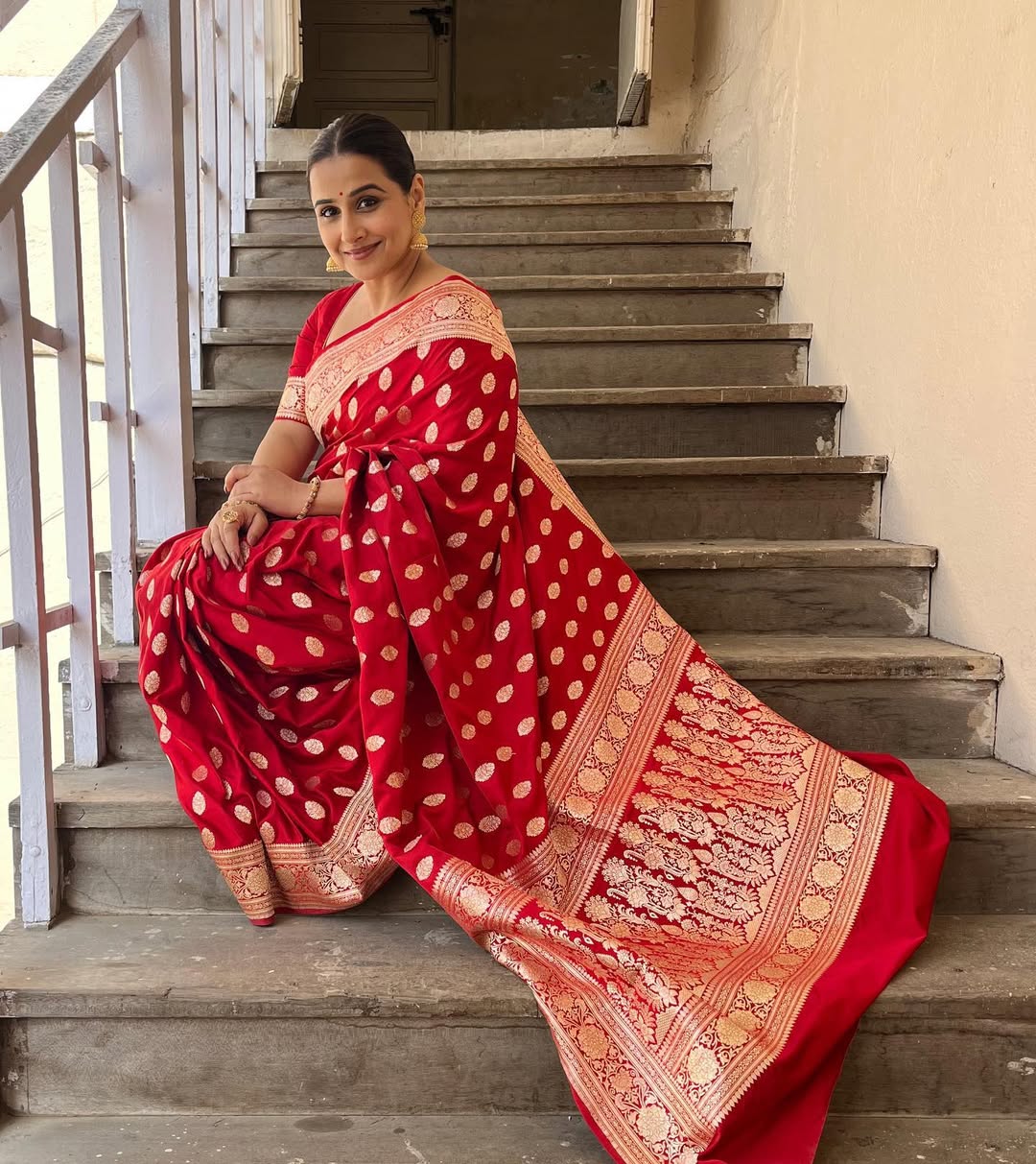 Bollywood actress vidya balan second day navratri red saree look 
