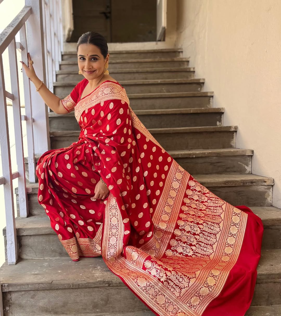 Bollywood actress vidya balan second day navratri red saree look 
