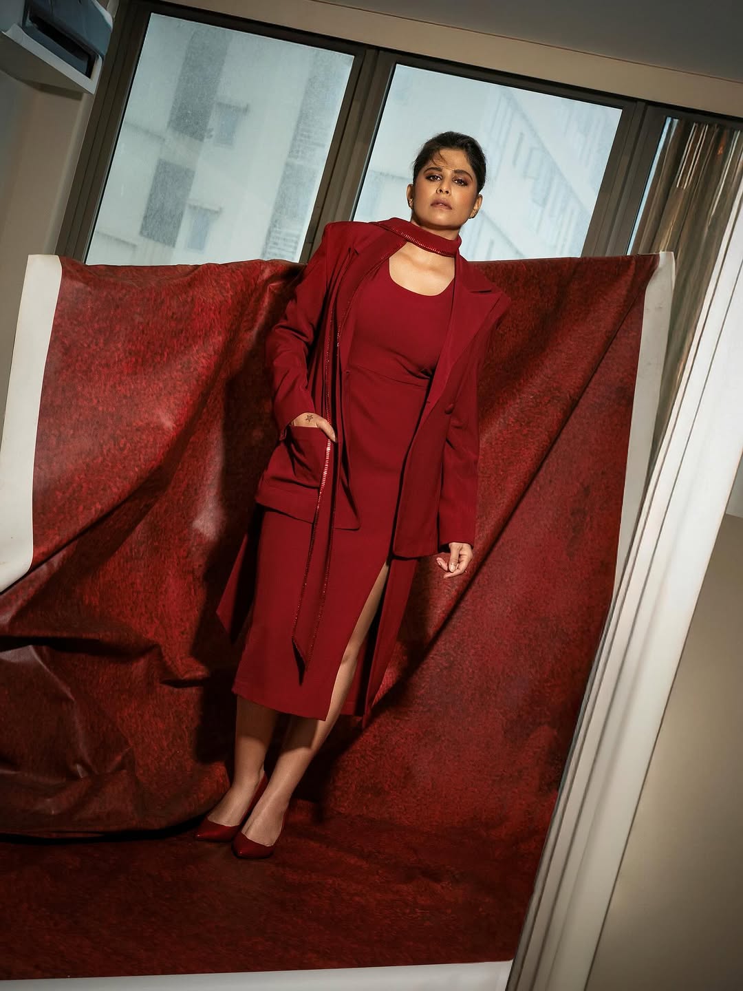 marathi actress sai tamhankar red dress look for cactus pears screening