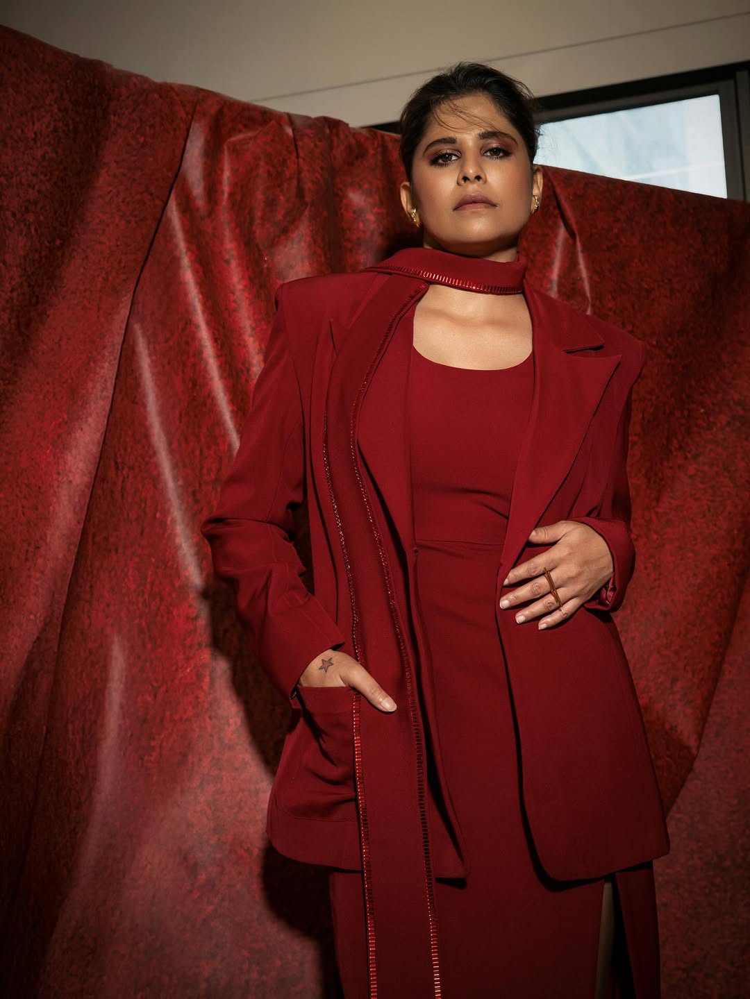 marathi actress sai tamhankar red dress look for cactus pears screening
