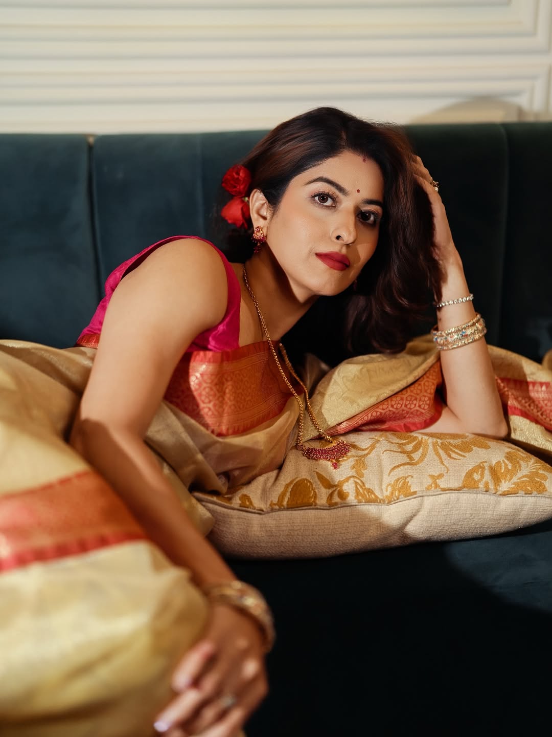 Abhidnya Bhave Golden Saree Look