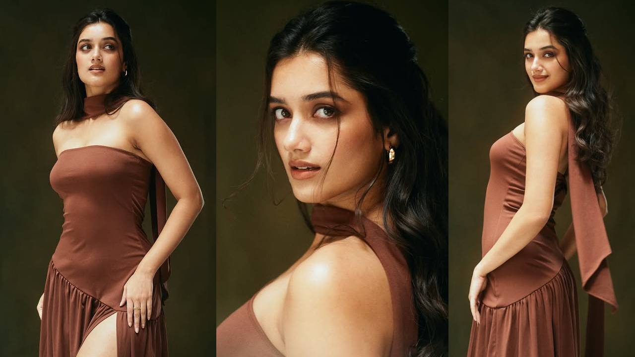 Bhagyashri Borse hot look in Brown color Offshoulder Slit Gown 
