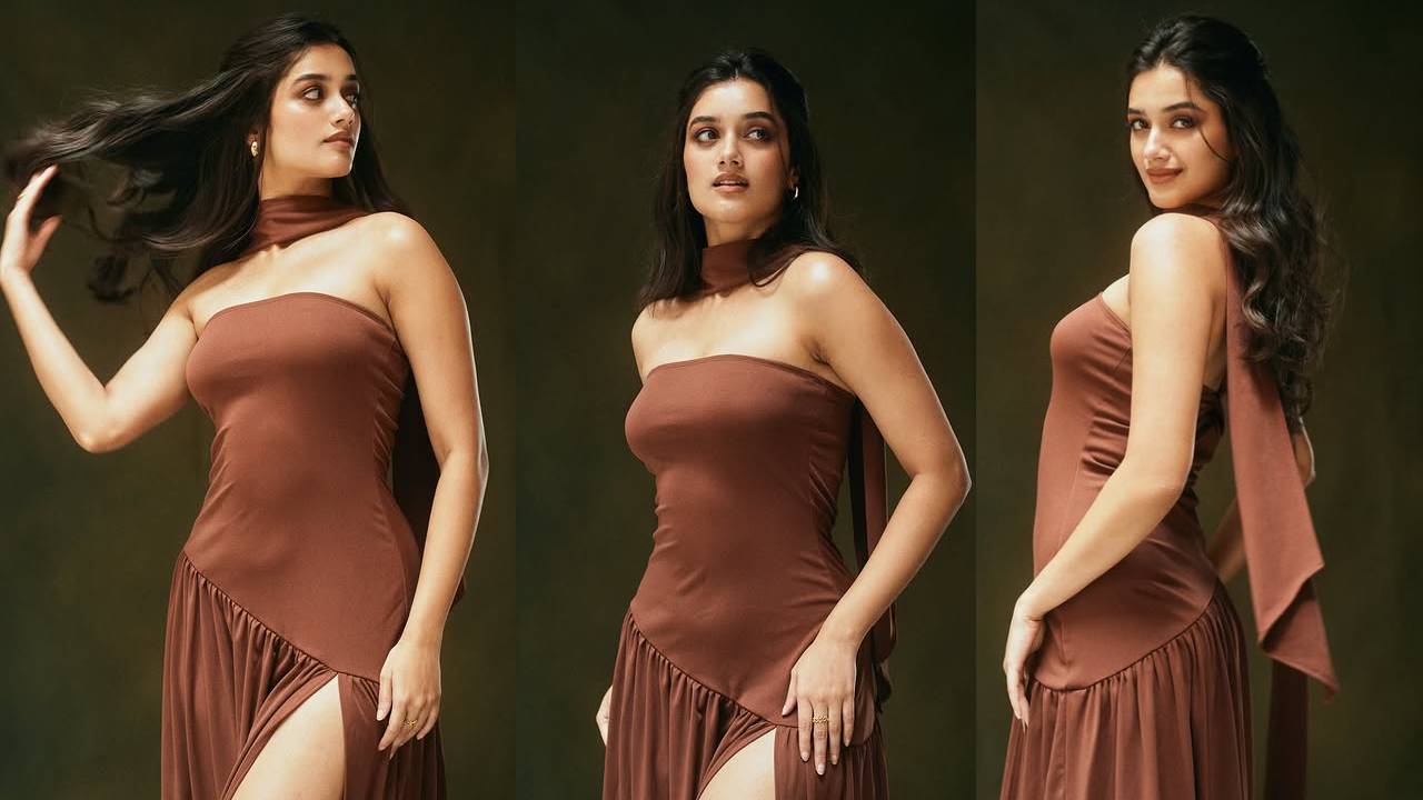 Bhagyashri Borse hot look in Brown color Offshoulder Slit Gown